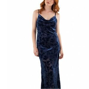 VICI Dress Womens M Midnight Blue Velvet Floral Burnout Slip Maxi Event Romantic